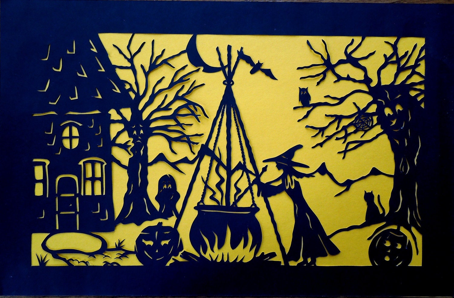 Haunting Halloween Papercut Scene with Witch Cauldron Cat Owl Silhouette Wall Art