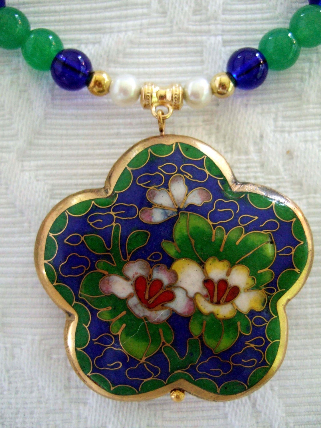 Blue Floral Vintage Cloisonne Pendant Statement Necklace, Beaded with Emerald Green Jade, Earrings, and Bracelet