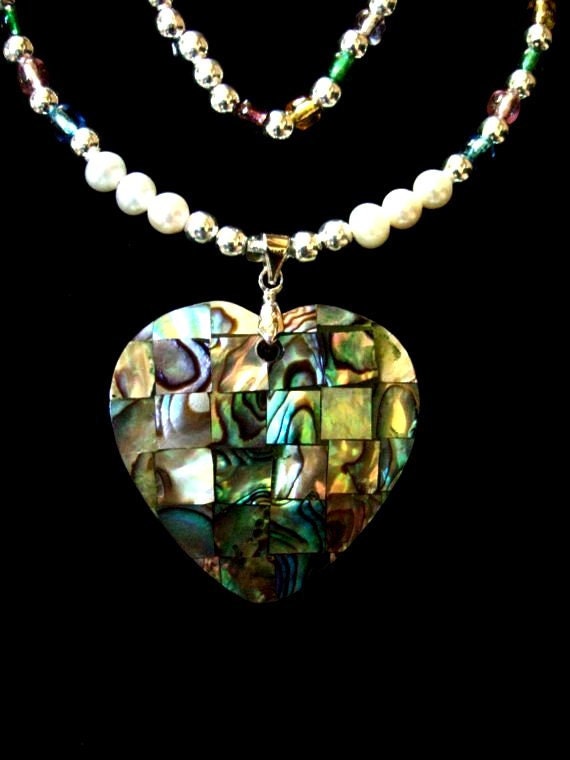 Hand Beaded Necklace Abalone Shell Heart Pendant Colorful Glass and Silver Plated Beads, Freshwater Pearls