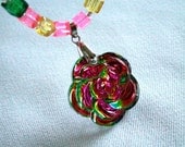 Neon Glass Crystal Floral Pendant Hand Beaded Necklace, Iridescent Colors, Crackle Glass Cube Beads