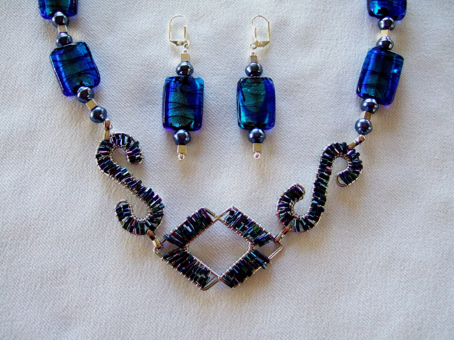 Statement Bib Necklace, Unique OOAK, Metallic Blue Dichroic  Glass, Wire Work Bib Pendant, Hand Beaded Drop Earrings, Blue Glass Pearls