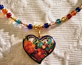 Handmade Jewelry, Floral Cloisonne Heart Pendant Necklace, Multi-color Glass and Gold Plated Beads