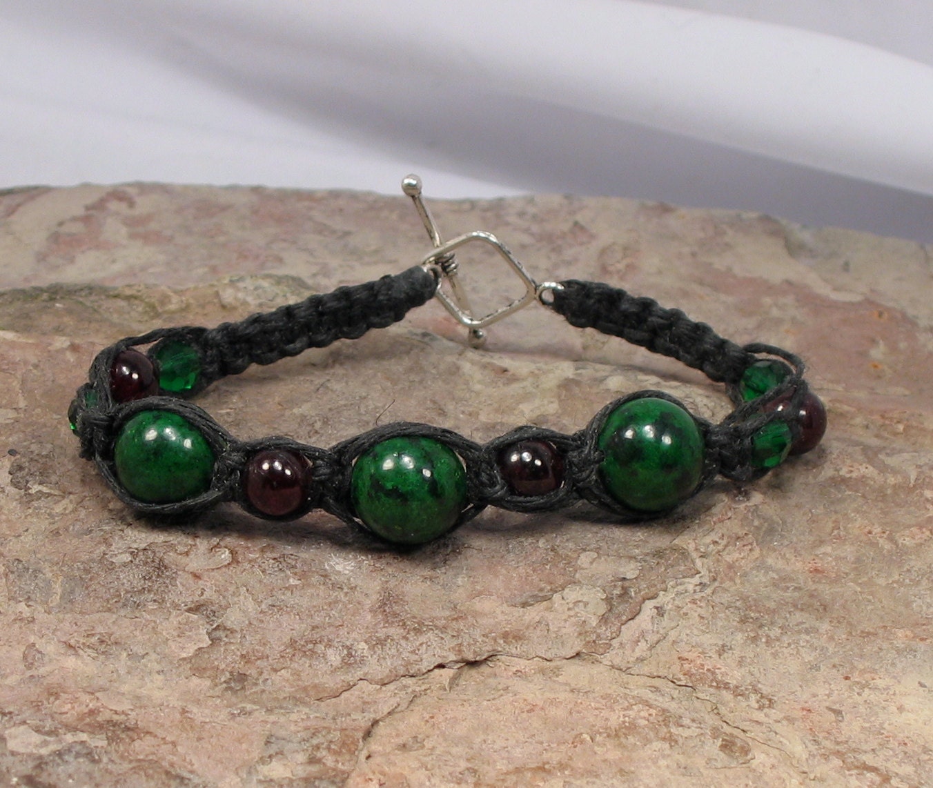Nephrite Jade and Garnet Macrame Bracelet - Reiki Infused