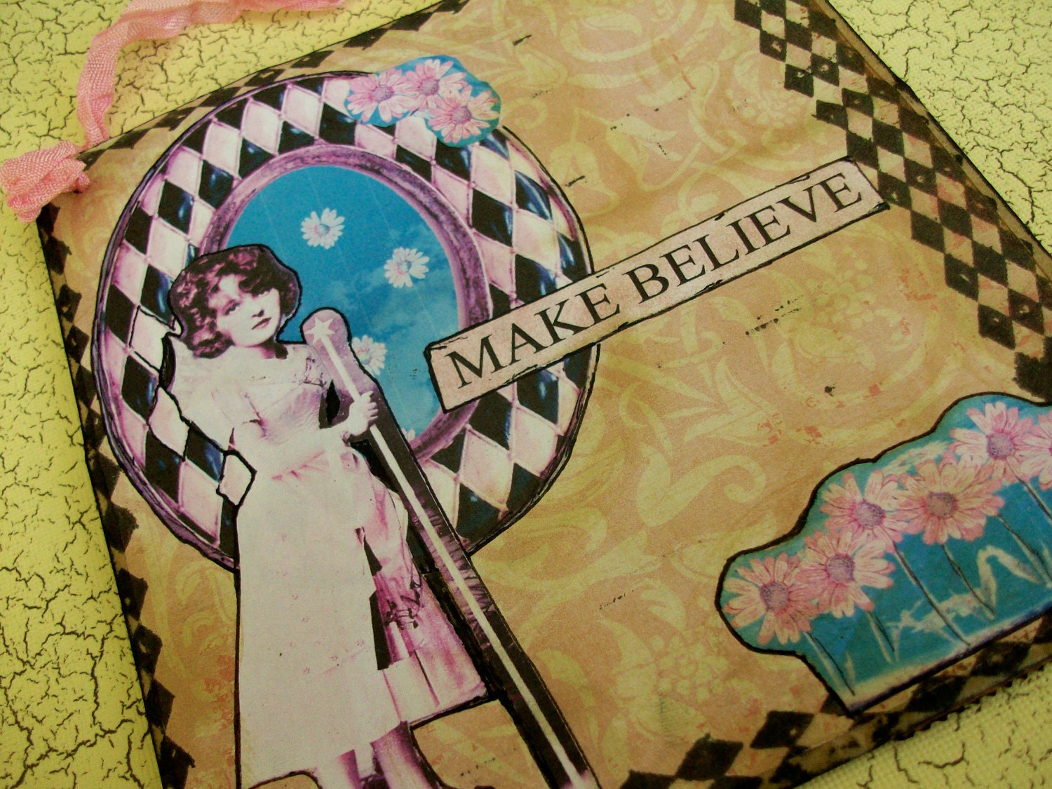 SALE - ooak Mixed Media "MAKE BELIEVE" - Collage and Ink - Paper Bag Hang-Up
