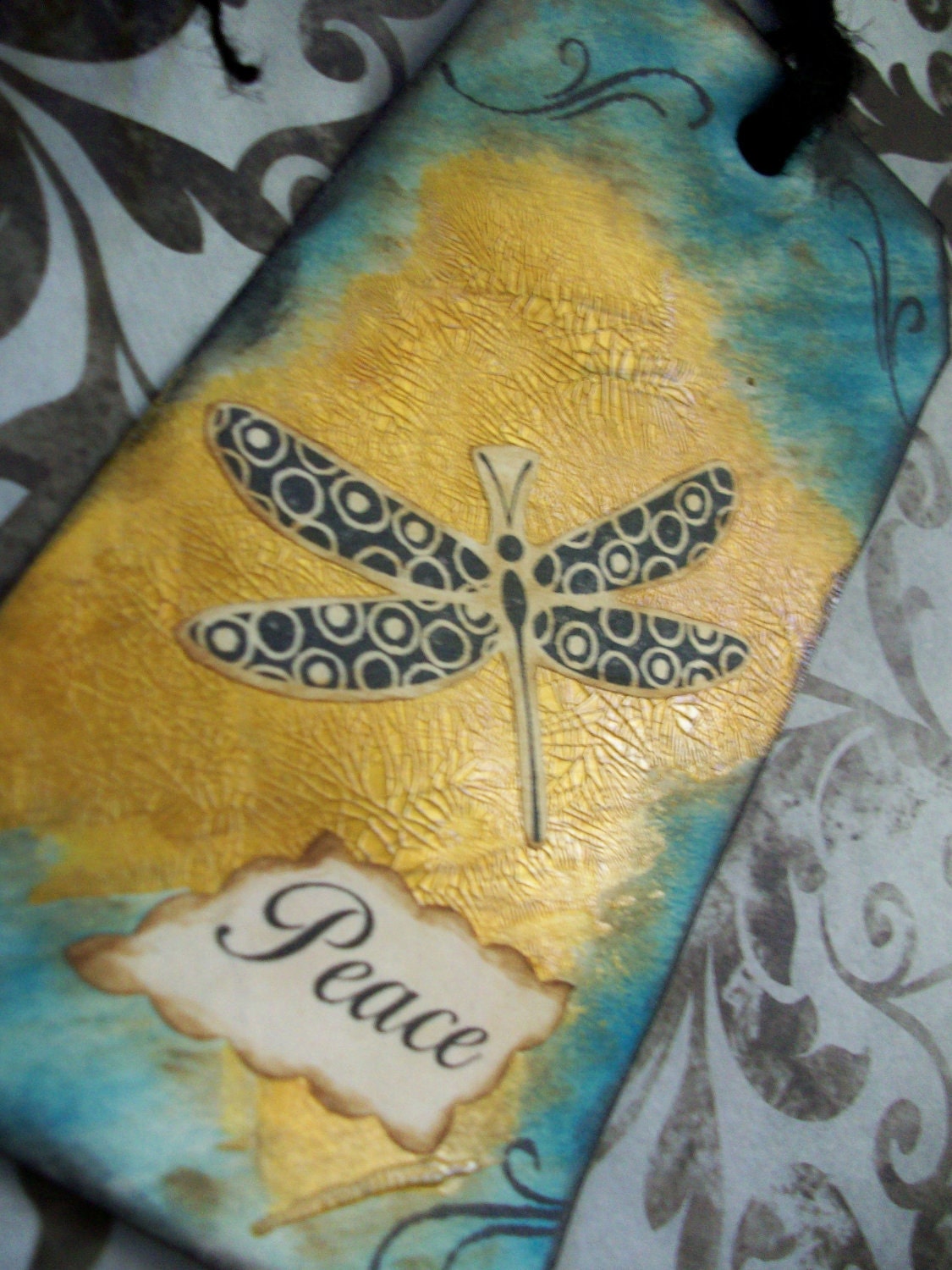 OOAK collage and handstamped original art tag 'PEACE' dragonfly