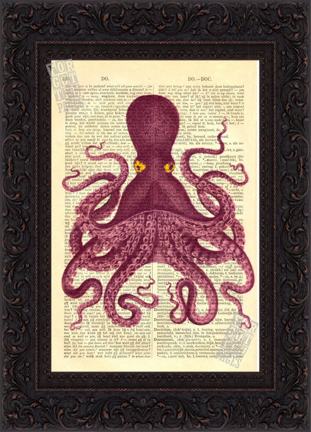 Octopus Print - Exotic Colored Octopus with Yellow eyes Altered  Art Print on Vintage Repurposed Dictionary Page mixed media  digital
