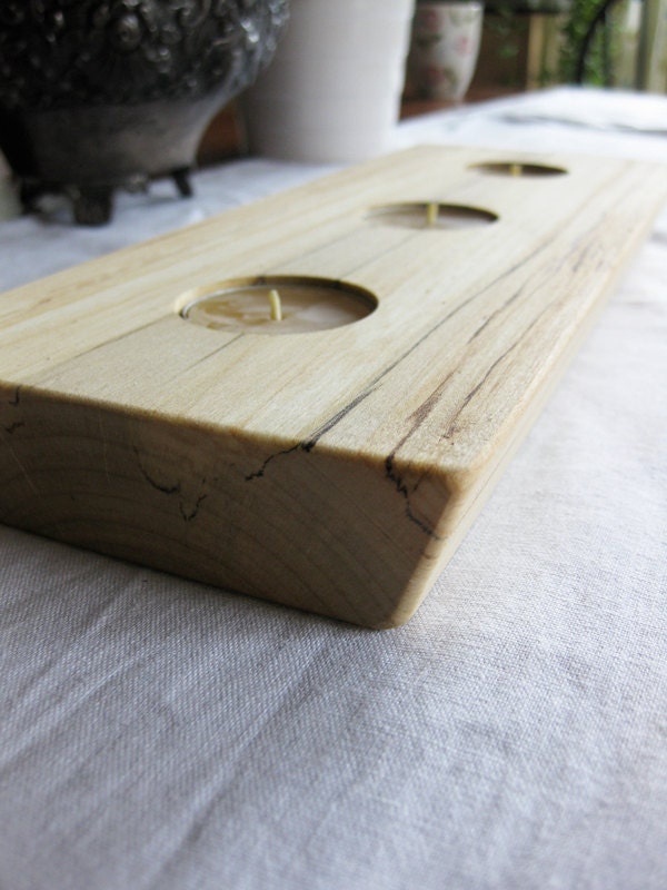 Reclaimed Wood Split Log Candle Holder - Salvaged Spalted Soft Maple Centrepiece with locally made beeswax candles