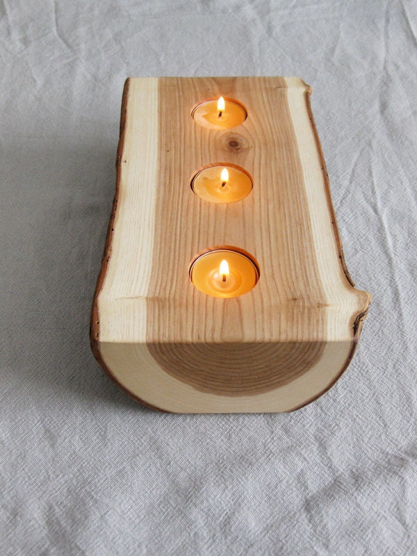 Candle Holder - split log reversible bark on wood candle holder with pure beeswax candles.