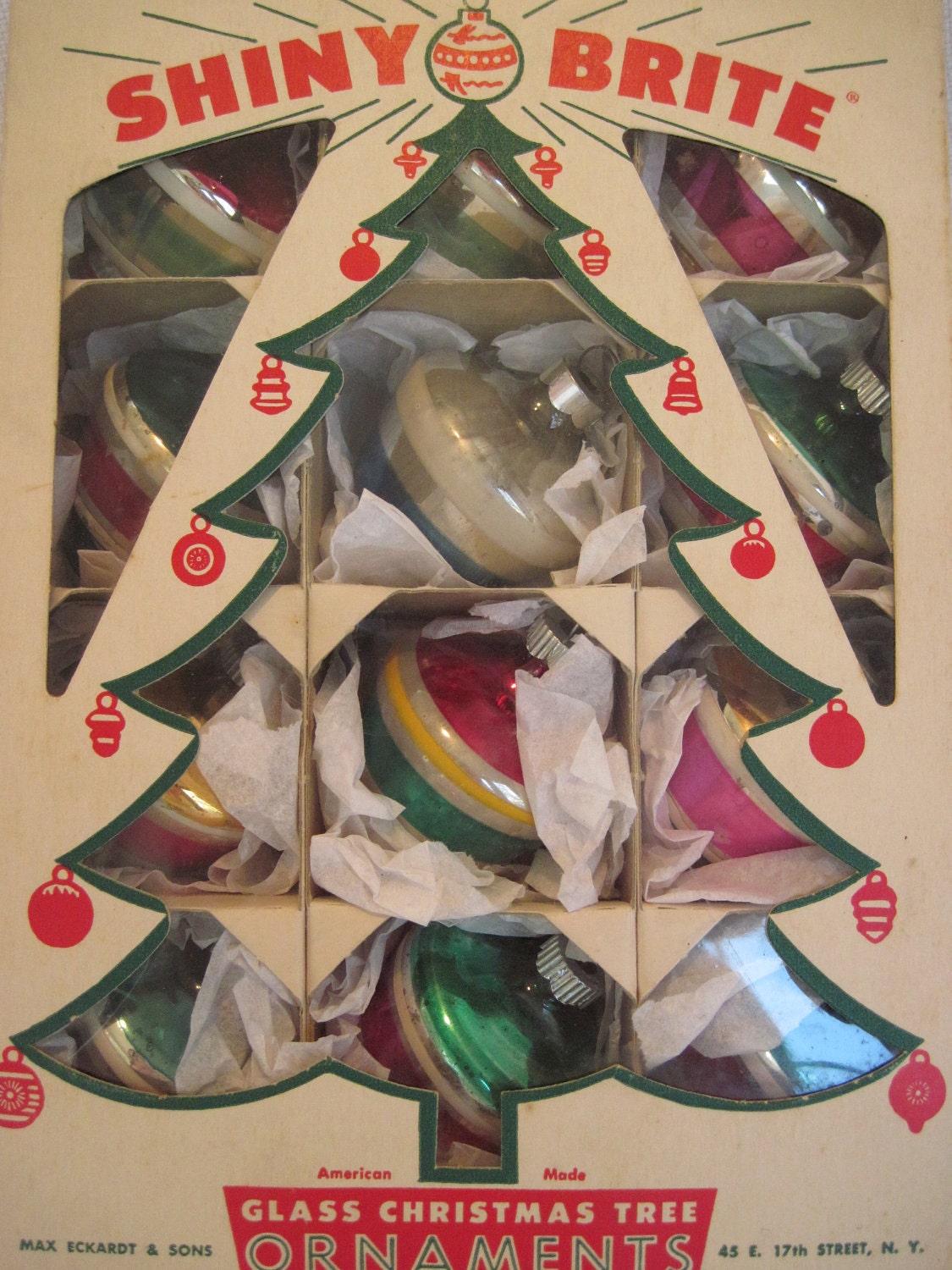 Vintage Glass Shiny Brite Striped Top UFO Shaped Christmas Holiday Ornaments - One Dozen Boxed