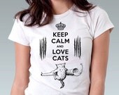 Keep Calm and Love Cats Cat Shirt Kitten Kitty Pet Animal Art Print Ladies T-Shirt  Cat Lover Cute Gift - White or Pink - XS, S, M, L, XL