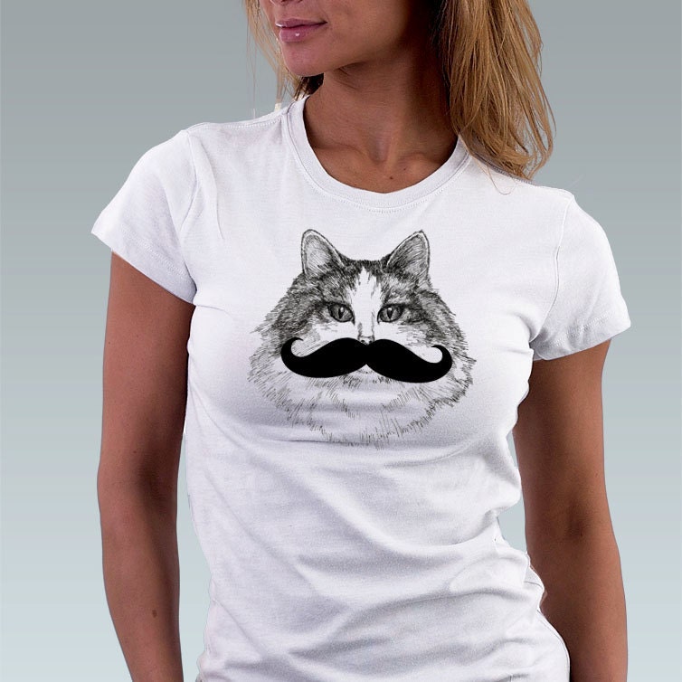 Mustache Moustache Kitten Cat Kitty Cat Shirt Pet Animal Art Print T-Shirt Cat Lover Gift - White or Pink Tee XS, S, M, L, XL