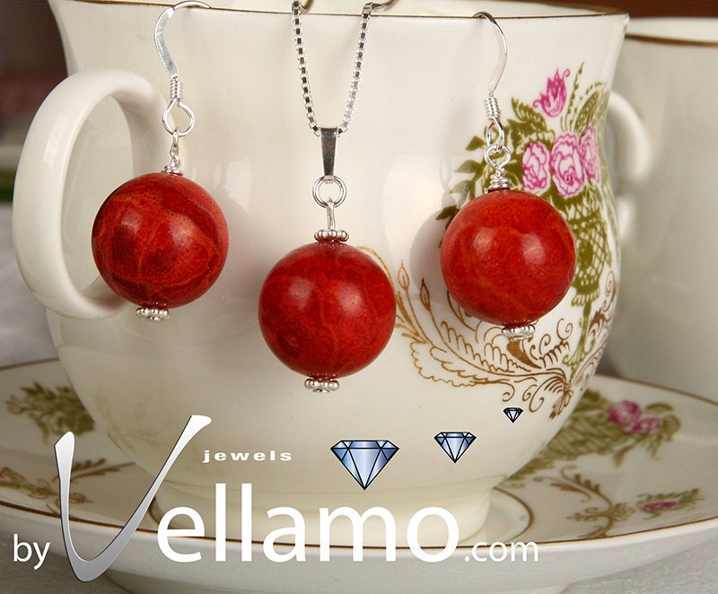 Ear-rings and pendant with red sponge coral set, sterling silver, necklace included jewelry set