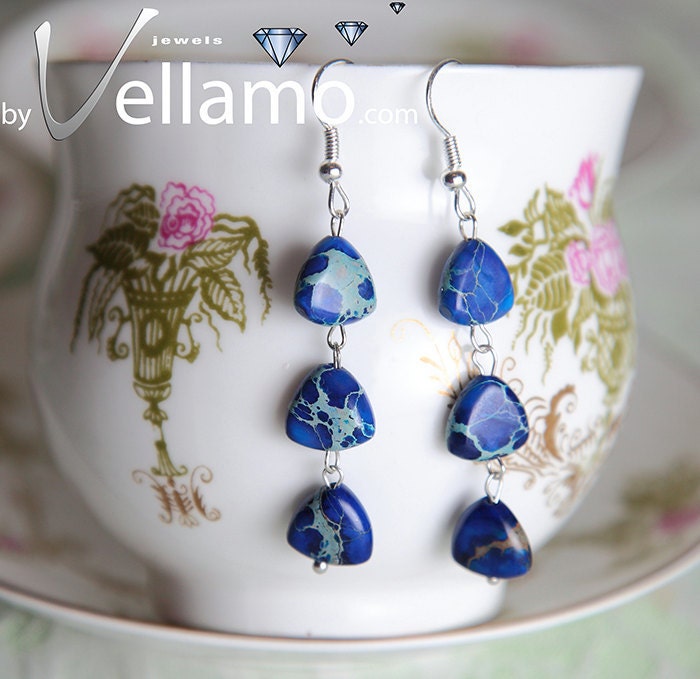 Earrings with beautiful blue imperial jasper gemstones, triangle shaped and sterling silver, modern