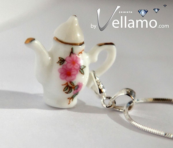 Delicate sterling silver teapot, pink and white with flowers and gold rim pendant, porcelain, fashion pendant and necklace