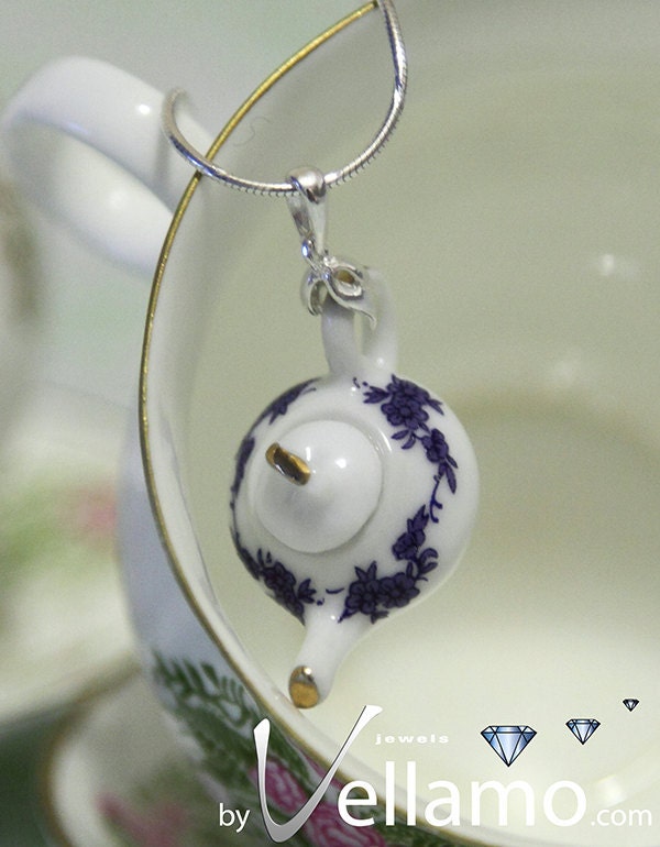 Delicate sterling silver teapot / coffee pot pendant, porcelain, fashion pendant and necklace