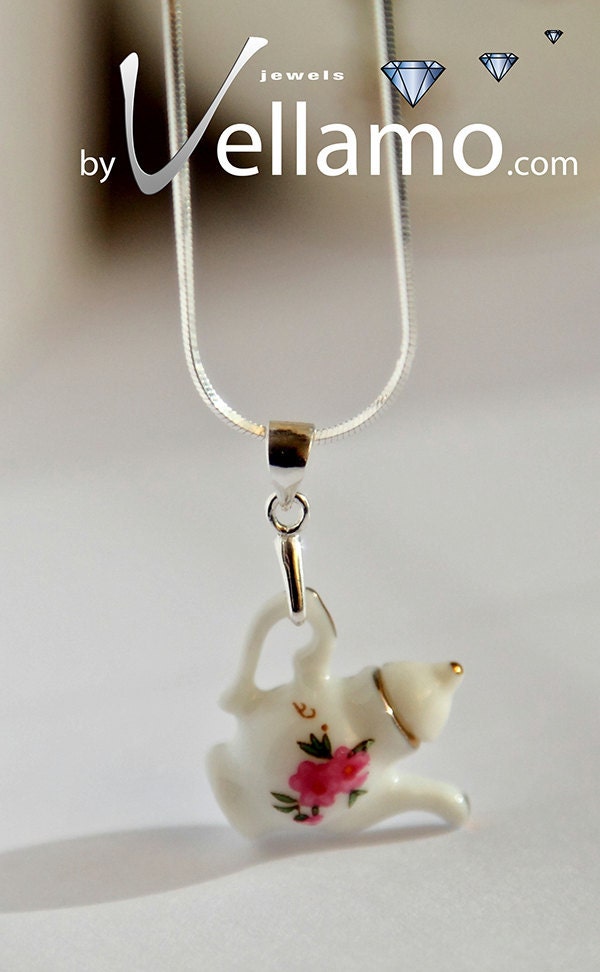 Delicate sterling silver teapot, pink and white with flowers and gold rim pendant, porcelain, fashion pendant and necklace