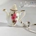 Delicate sterling silver teapot, pink and white with flowers and gold rim pendant, porcelain, fashion pendant and necklace
