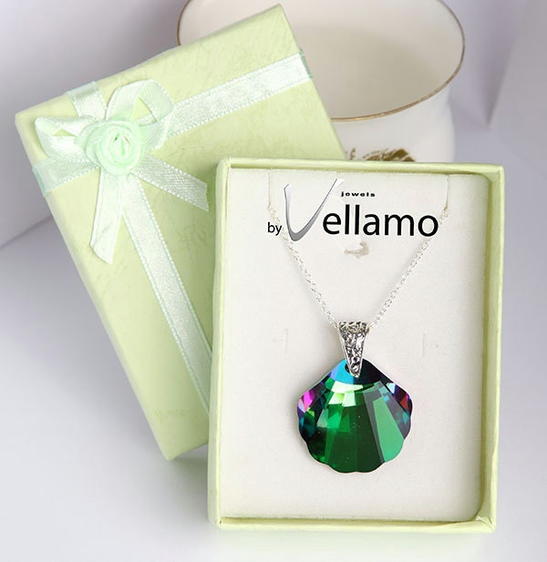 Sterling silver necklace with rare large shell Swarovski crystal, watery shine green, purple, multi-colored Swarovski, crystal Electra