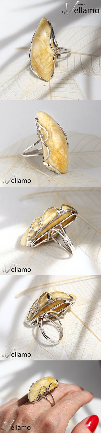 Modern sterling silver adjustable ring with large OOAK white - yellow natural Baltic amber, OOAK ring