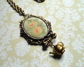 Alice in Wonderland - Victorian Vintage Orange Rose with Teapot charm - Steampunk Necklace - Victorian Jewelry - Upcycled Jewelry