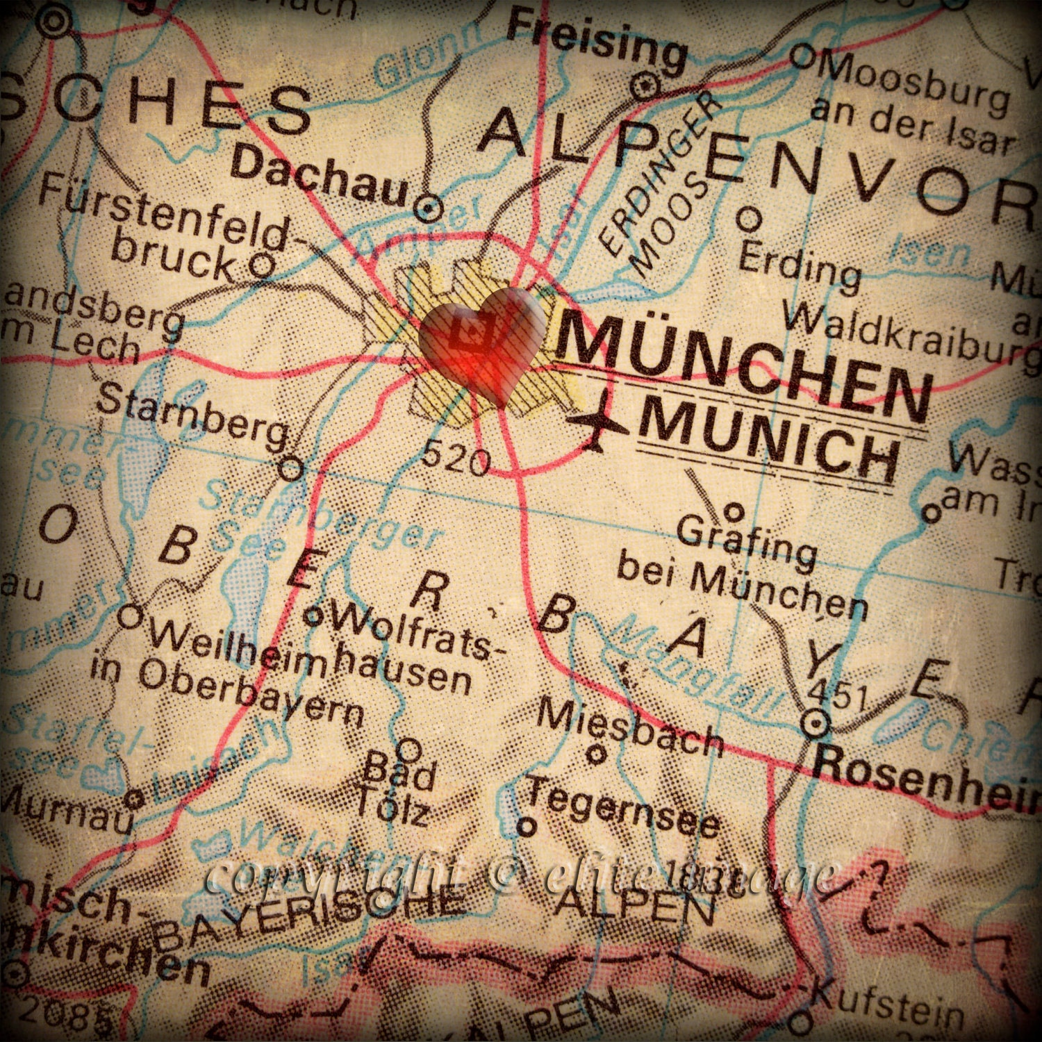 8x8 MAP of MUNICH Germany with a Heart Shape with a Grunge Vintage Border - 8x8 Photograph Print - EliteImage