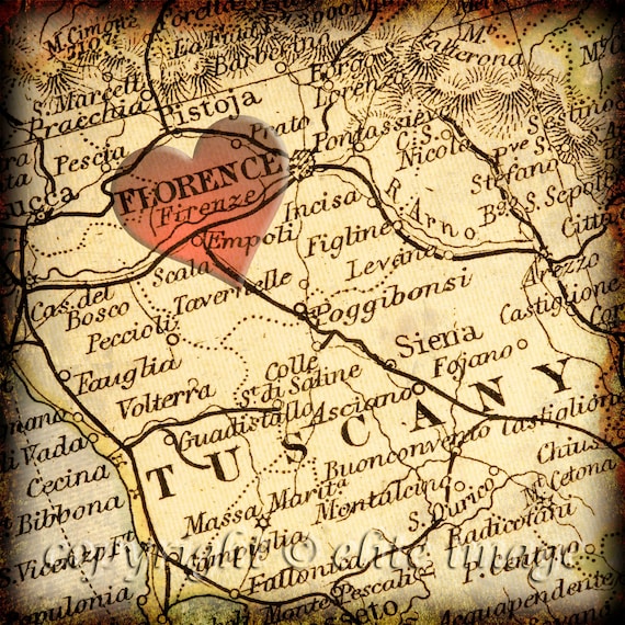 8x8 MAP of FLORENCE Italy with a Heart Shape with a Grunge Vintage Border - 8x8 Photograph