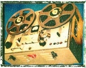 guitar print reel to reel tape recorder music art print 5 x7  photographic prints