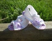Boutique Soft Sole Baby Sandal Booties Crib Shoes White with Lavender Checkers and Rhinestone