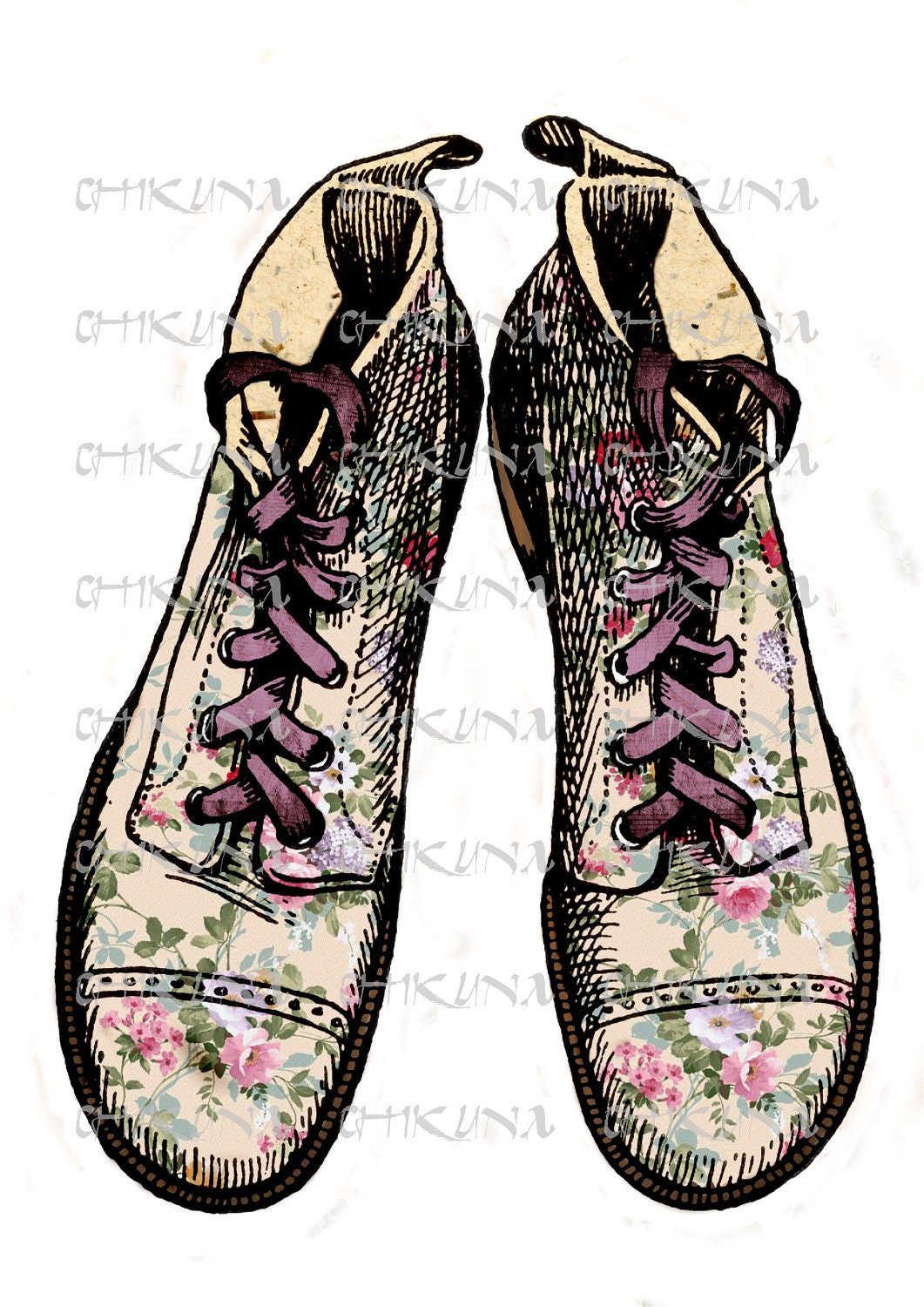 080 - Vintage Romance Village Shoes  - Download and Print - Transfer To Pillows, T-Shirt, Burlap, Tote, Bag. Print on Canvas, Paper - ChikUna