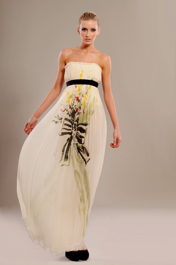 Silk wrinkled chiffon corset maxi printed dress
