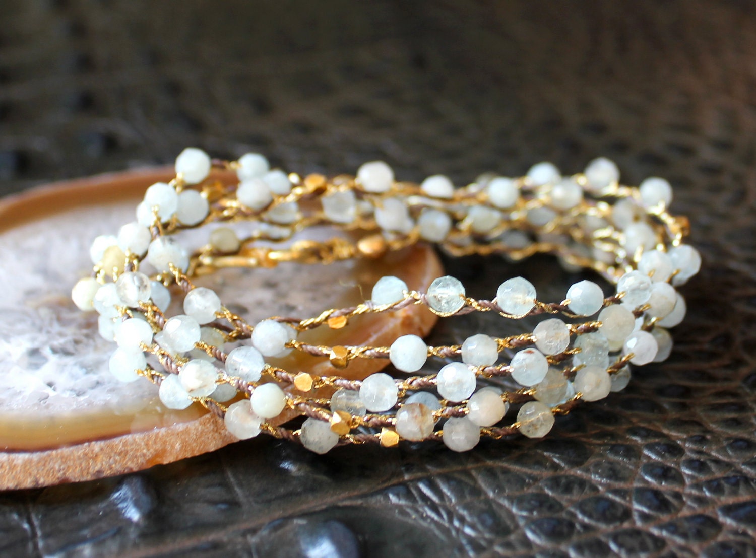 Blue Aquamarine Gold Nugget Bead Weave Long Necklace Wrap Bracelet
