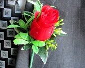 Faux Boutonniere - Silk Boutonniere - Wedding Boutonniere - Anniversary Boutonniere - Prom Boutonniere - Red Rose Boutonniere