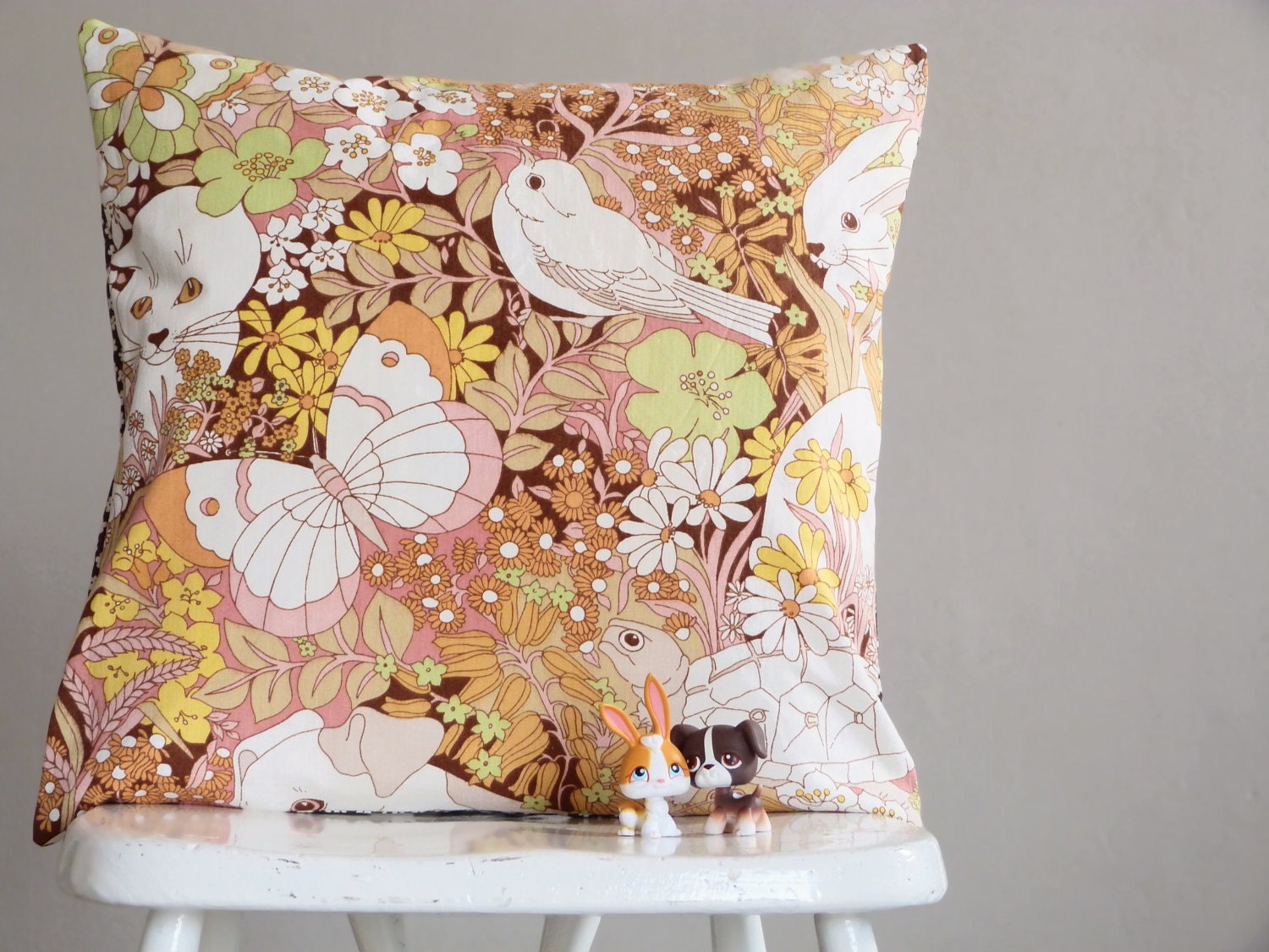 Who hides in the flowers - Cute vintage fabric cushion or pillow - OhClementineBeMine