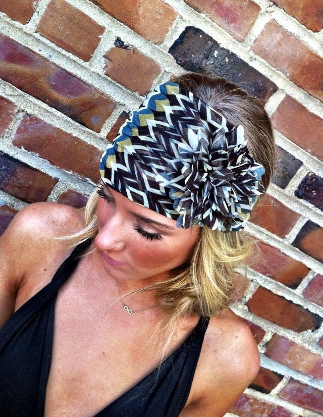 Teal Headband Scarf with Flower Women's Wide Hair Band Urban Turban Head Wrap