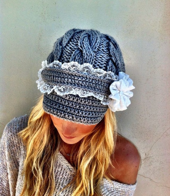 Grey Cable Knitted Hat Lacy Brimmed Chunky Cap with Lace Flower