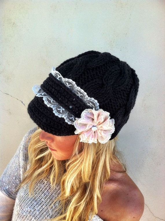 Black Cable Knitted Lace Brimmed Hat Boho Chunky Cap