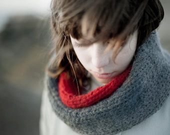 Grey and Red Knitted Cowl