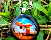 Airstream camper pendant. Outdoors camping glass necklace. Camp fire RV retro campers. Outdoor wildlife adventure enthuiast