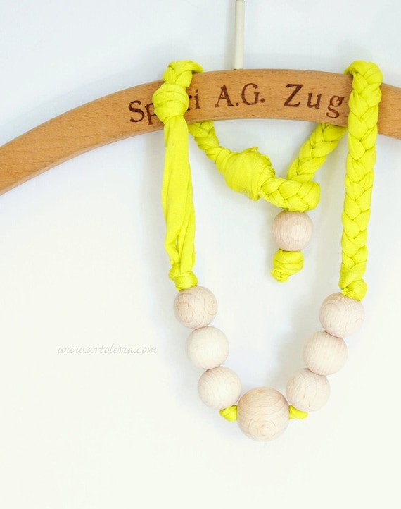Neon Yellow Necklace of elastan yarn and wood beads MADE to Order BRIGHT JEWELRY