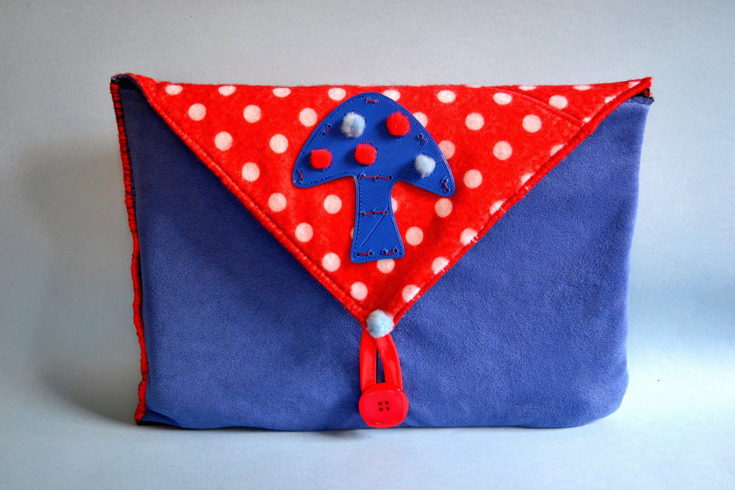 iPad case, blue suede iPad sleeve, mushroom pouch, upcycled