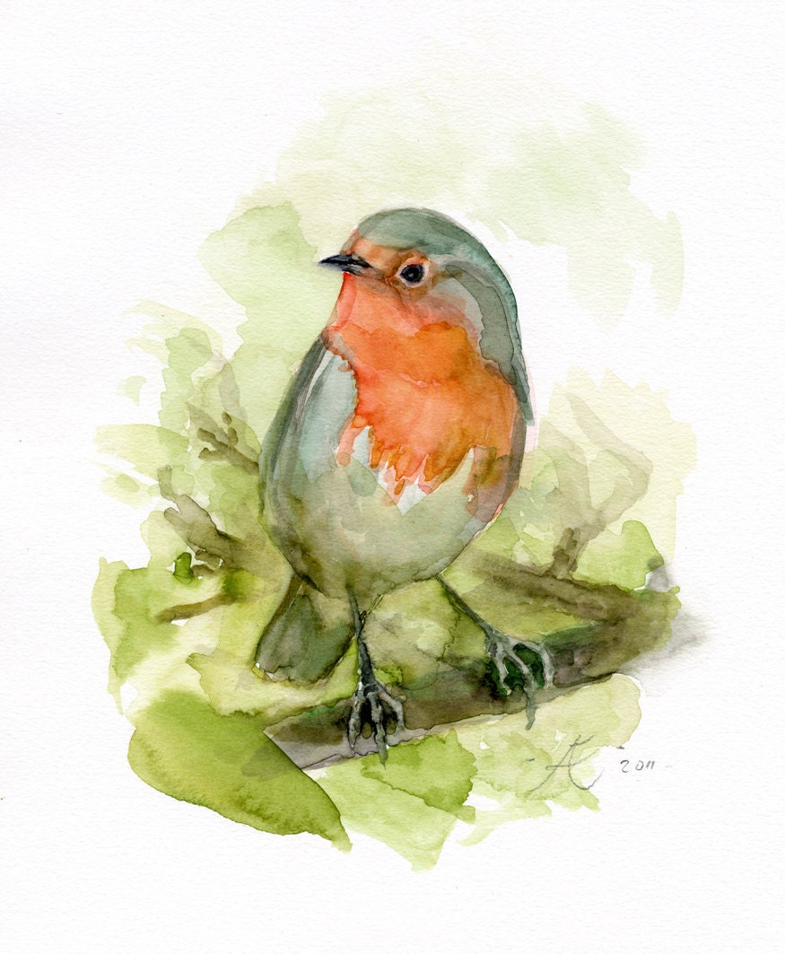 Red Robin (Roodborst) original bird watercolor painting, Roodborstje - birdlovers gift, nostalgic, cottage, wildlife chic gift