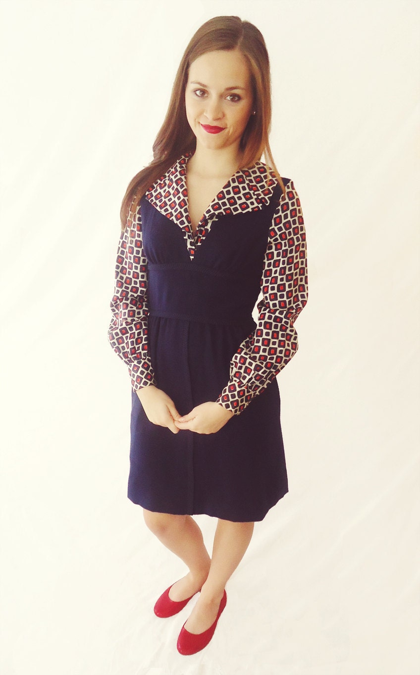 Navy Blue Dress - School Girl Patterned Collar- Size 2