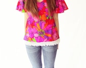 Mexican Vintage Fringe Top - Bright Pink Print Vintage Shirt- Approx Size 4