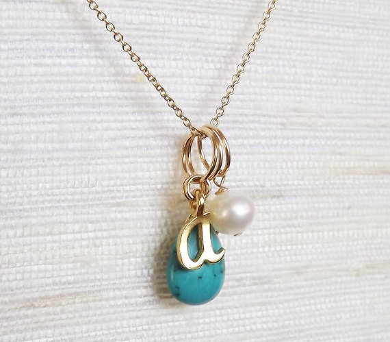 Personalized Initial Gold Filled Birthstone Jewelry - Turquoise Charm Necklace - December or June Birthstone