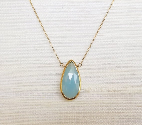 Bezel Set Aqua Chalcedony Gemstone Gold Necklace - Bezel Set Necklace