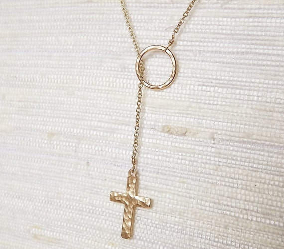 Gold Filled Hammered Cross Long Lariat - Gold Necklace - Everyday Necklace - Cross Necklace - Religious Jewelry