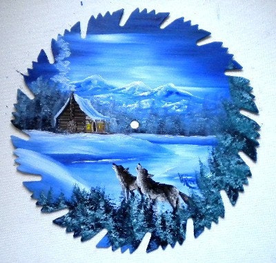 Hand Painted Saw Blade Mountain Winter Wolves and Cabin