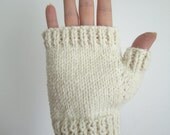 UNISEX large cream wool fingerless mittens, knitted, Nan-made.