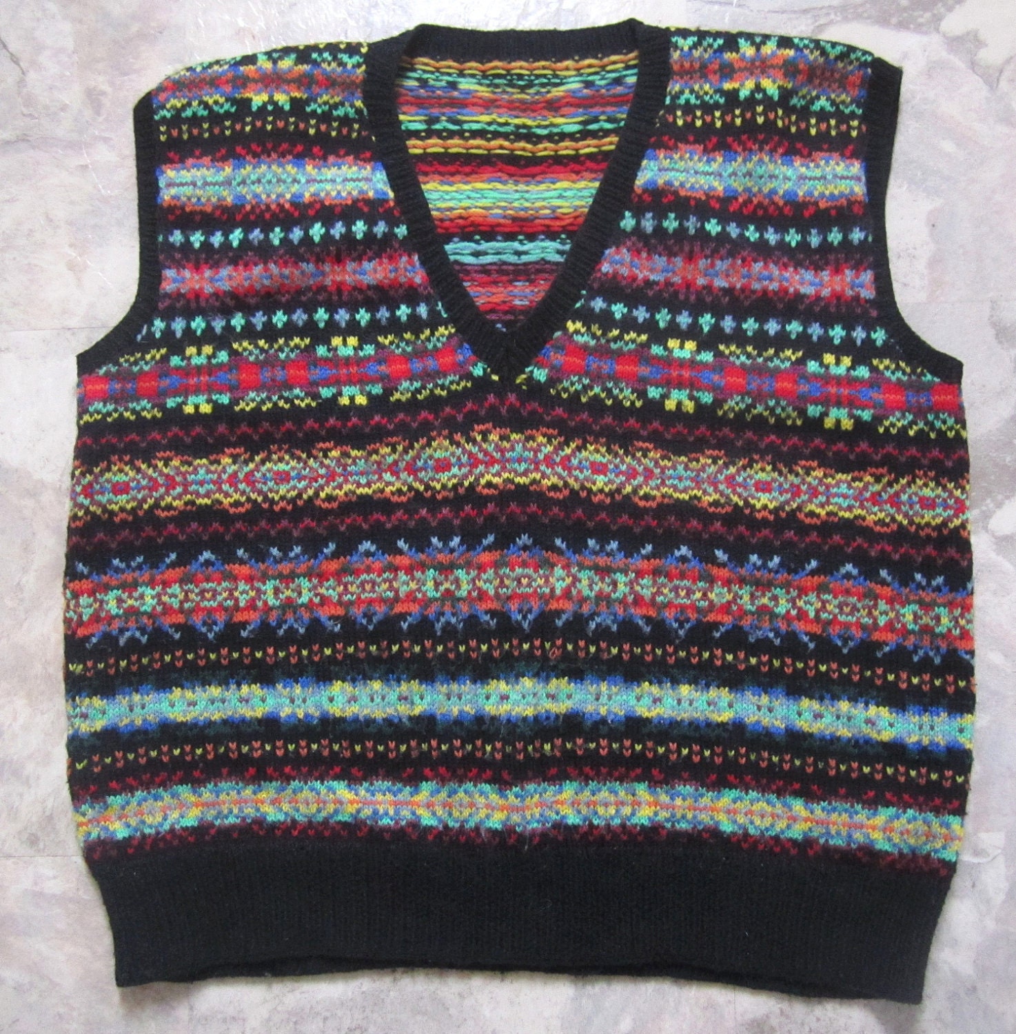 80s Vintage hand knitted nerdy sweater vest fairisle multi coloured Mens S/M hipster