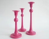 Watermelon Pink Up-cycled Vintage Brass Candlestick Holder Trio by Trash Things